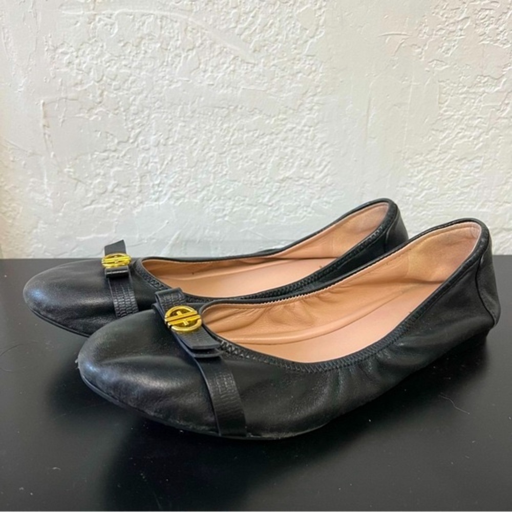Cole Haan Tova Bow Black Ballet Flats with Gold Logo Charm‎